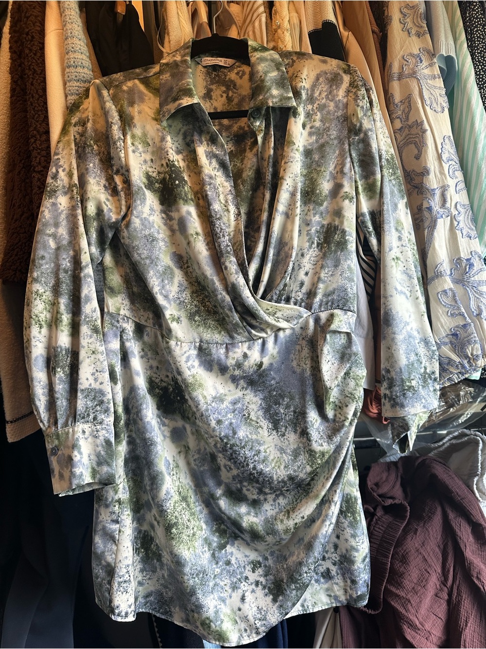 stradivarius faux wrap satin mini dress